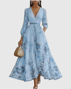 Vestido maxi floral manga longa decote V plissado com laço na cintura feminino