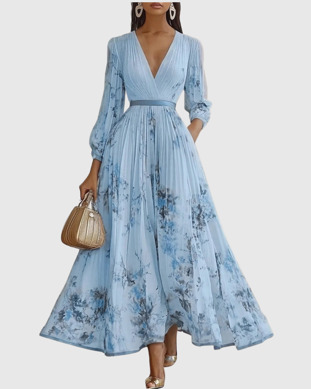 Vestido maxi floral manga longa decote V plissado com laço na cintura feminino