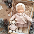 Boneca Waldorf artesanal em algodão e lã natural, suave, para bebés e crianças a partir dos 2 anos