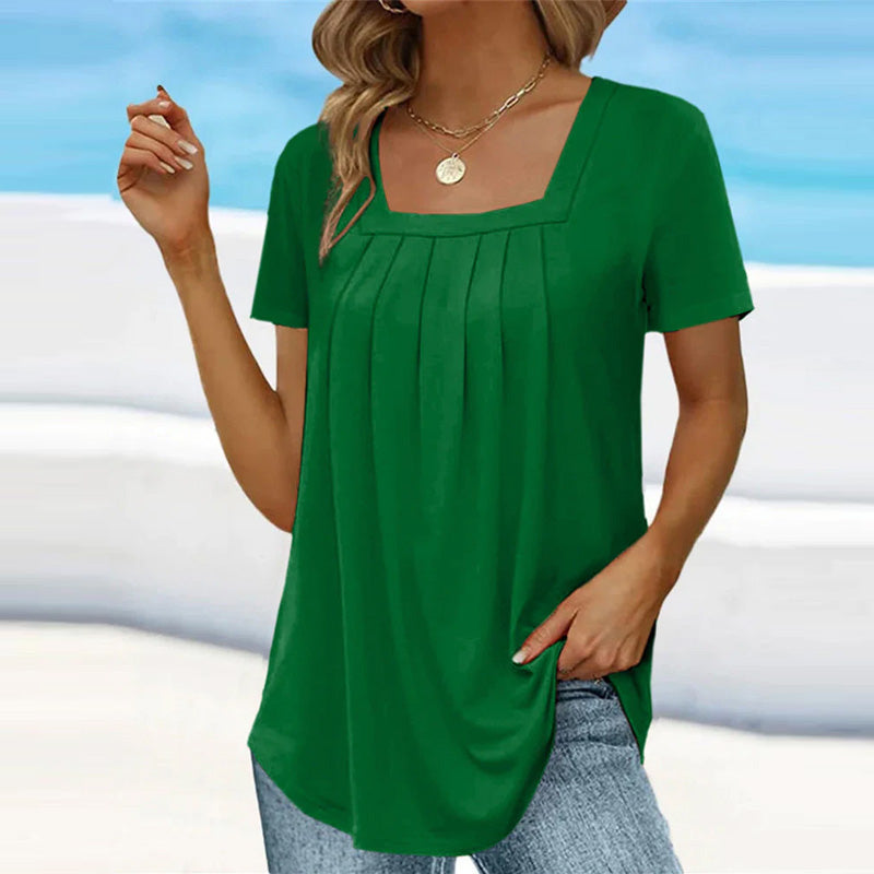 Blusa feminina manga curta com decote quadrado e detalhes franzidos