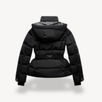 Casaco puffer feminino com cinto e capuz integrado acolchoado inverno