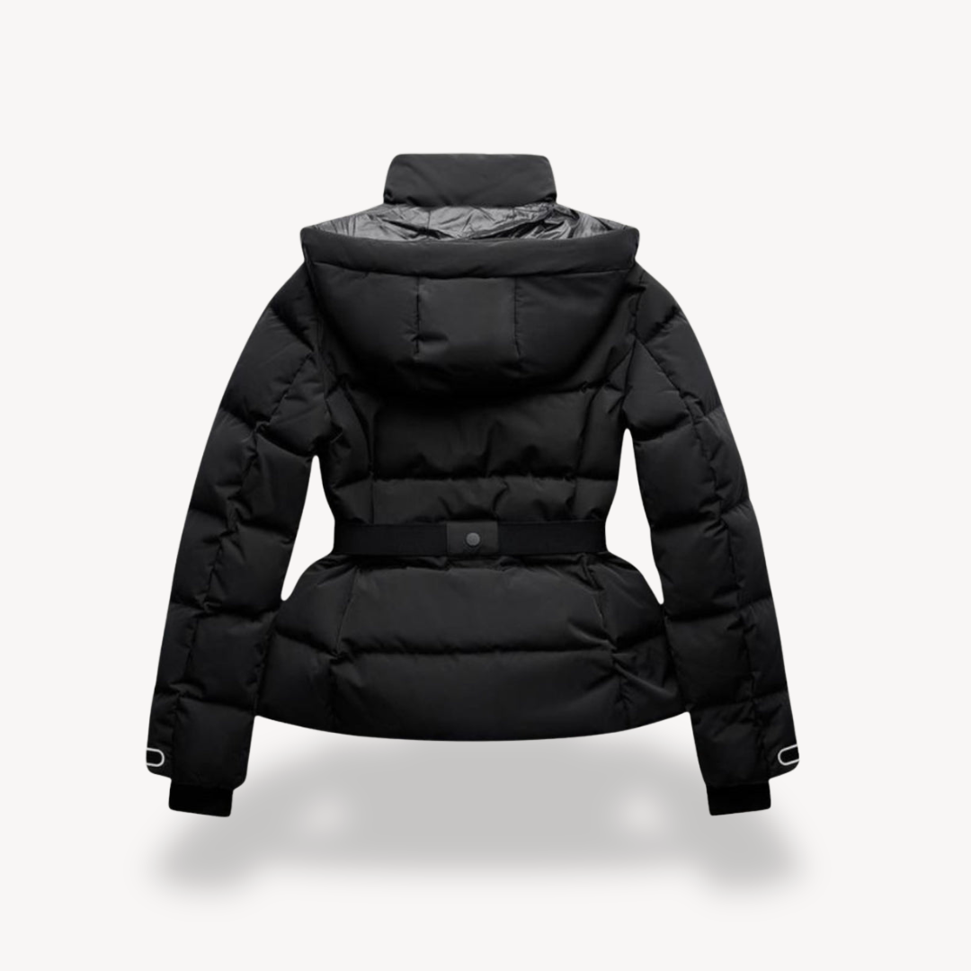 Casaco puffer feminino com cinto e capuz integrado acolchoado inverno