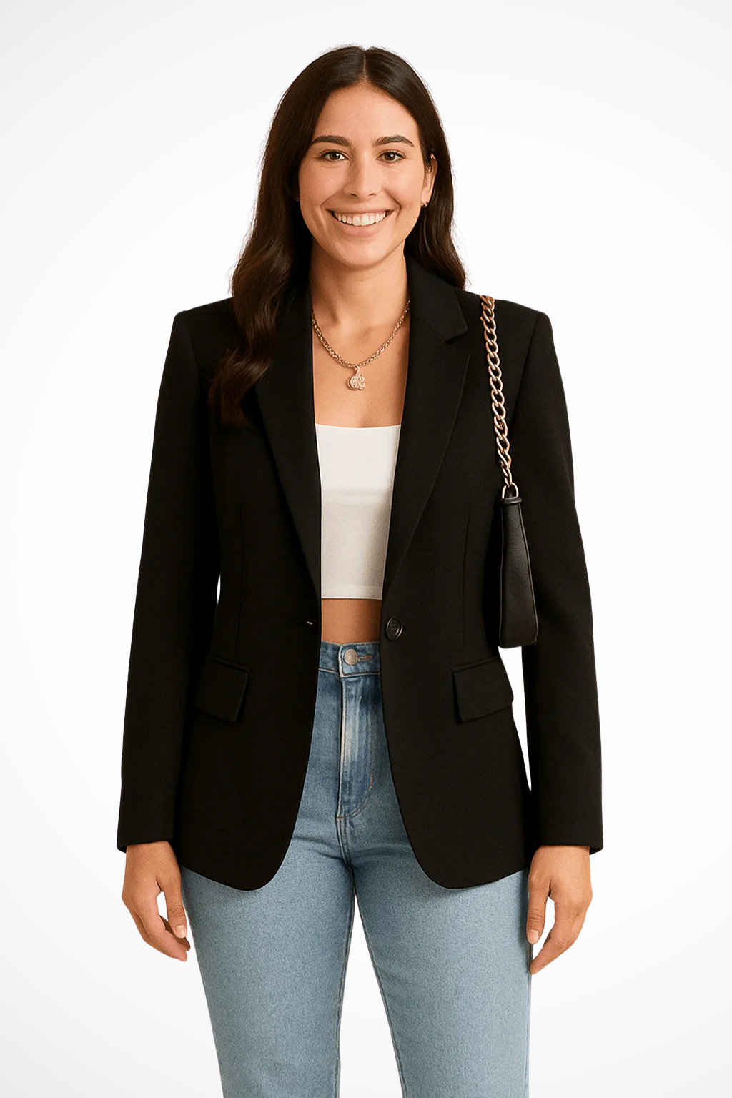 Blazer feminino estruturado com botão único e lapela, corte alfaiatado