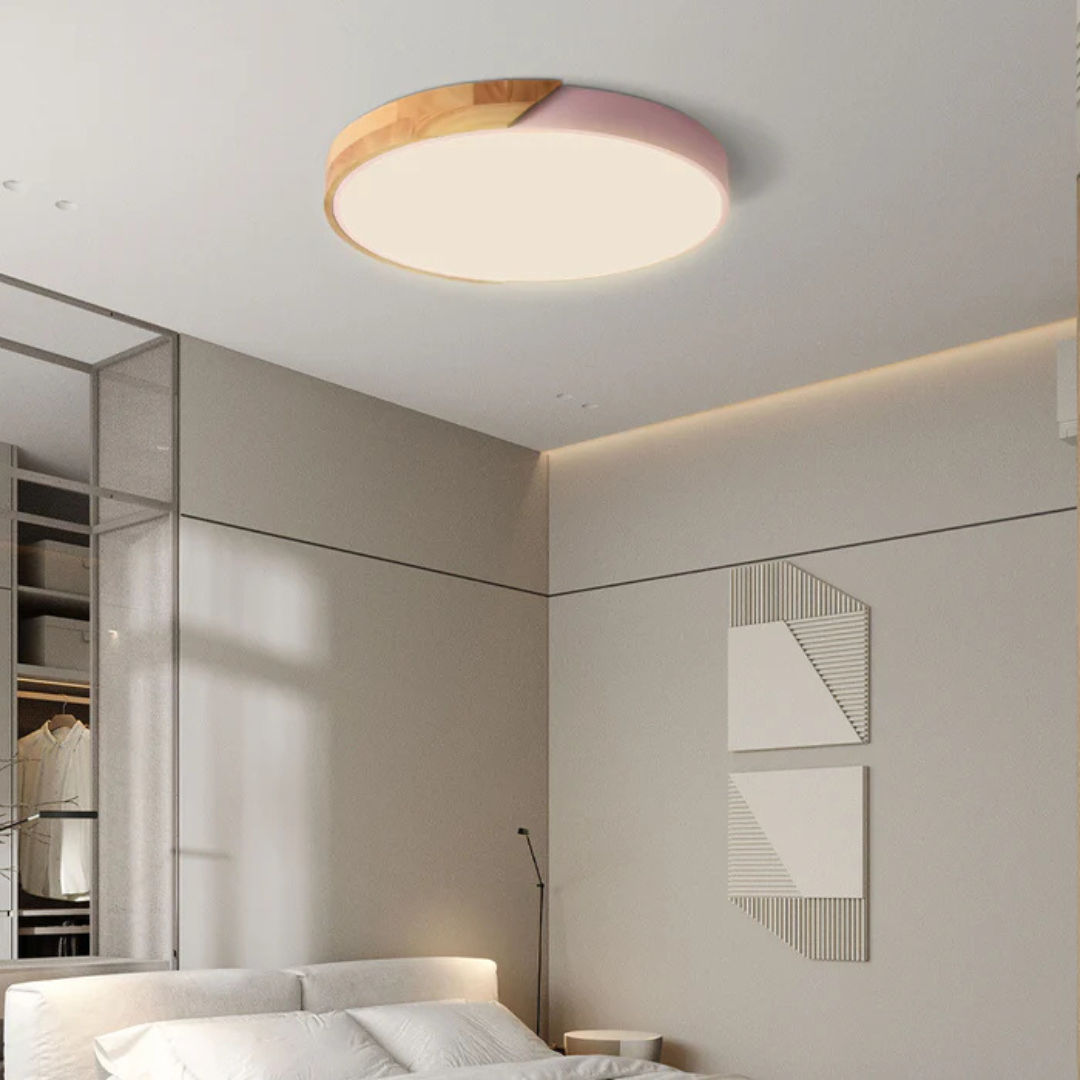 Candeeiro de teto LED design escandinavo com madeira natural, plafon moderno