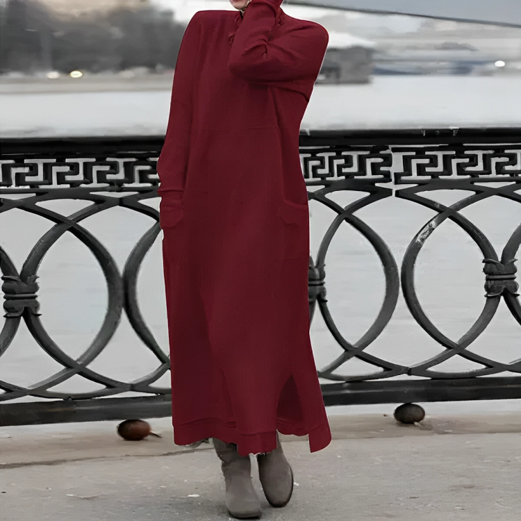 Vestido de inverno feminino malha midi com fenda lateral e bolsos