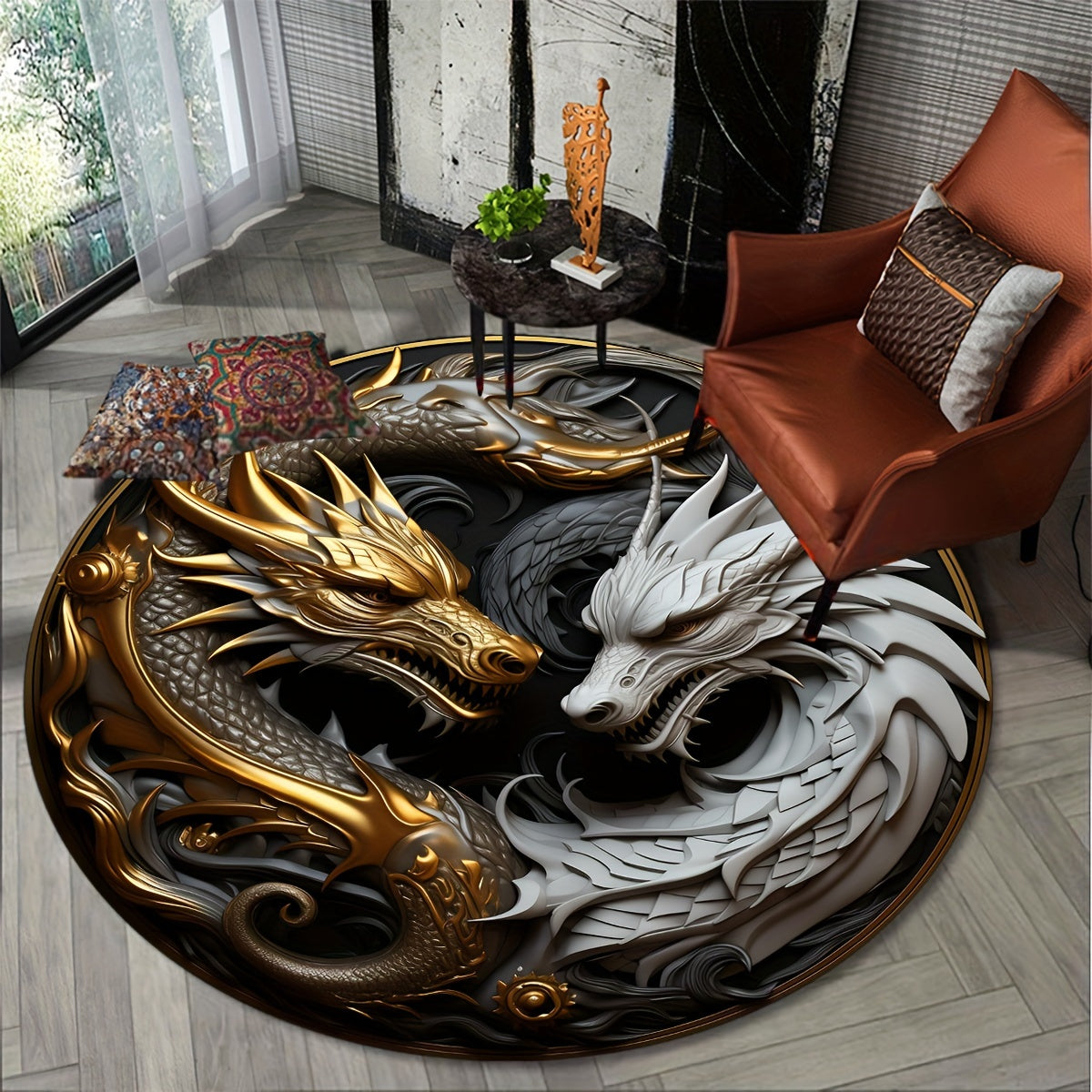 Tapete redondo decorativo antiderrapante com design dragão em poliéster, 80cm 100cm 120cm