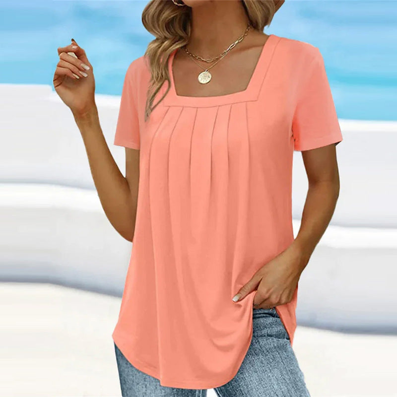 Blusa feminina manga curta com decote quadrado e detalhes franzidos