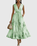 Vestido maxi floral manga longa decote V plissado com laço na cintura feminino