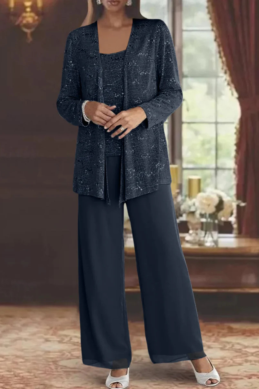 Conjunto feminino 3 peças renda lantejoulas casaco e calça perna larga