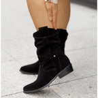 Botins slouch femininos com punho dobrável e salto bloco baixo