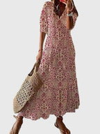 Vestido feminino boho estampado com decote V leve e estampa vintage