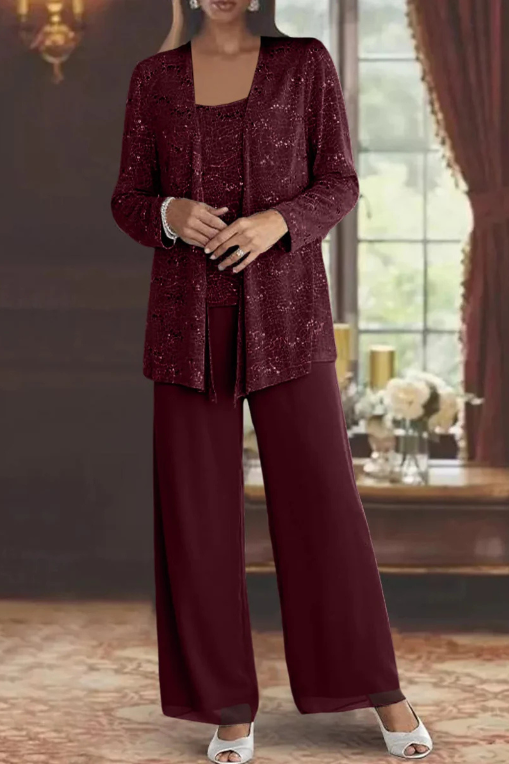 Conjunto feminino 3 peças renda lantejoulas casaco e calça perna larga