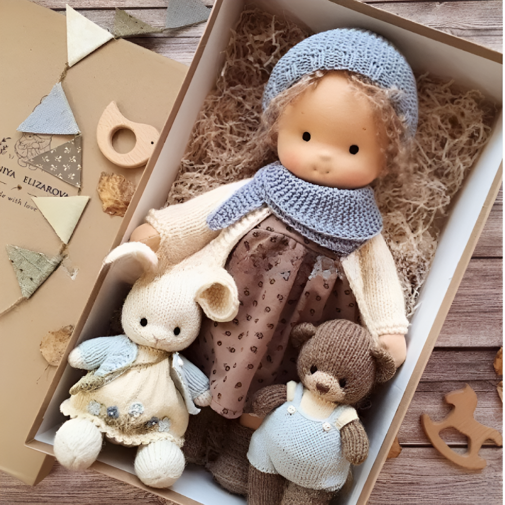 Boneca Waldorf artesanal em algodão e lã natural, suave, para bebés e crianças a partir dos 2 anos