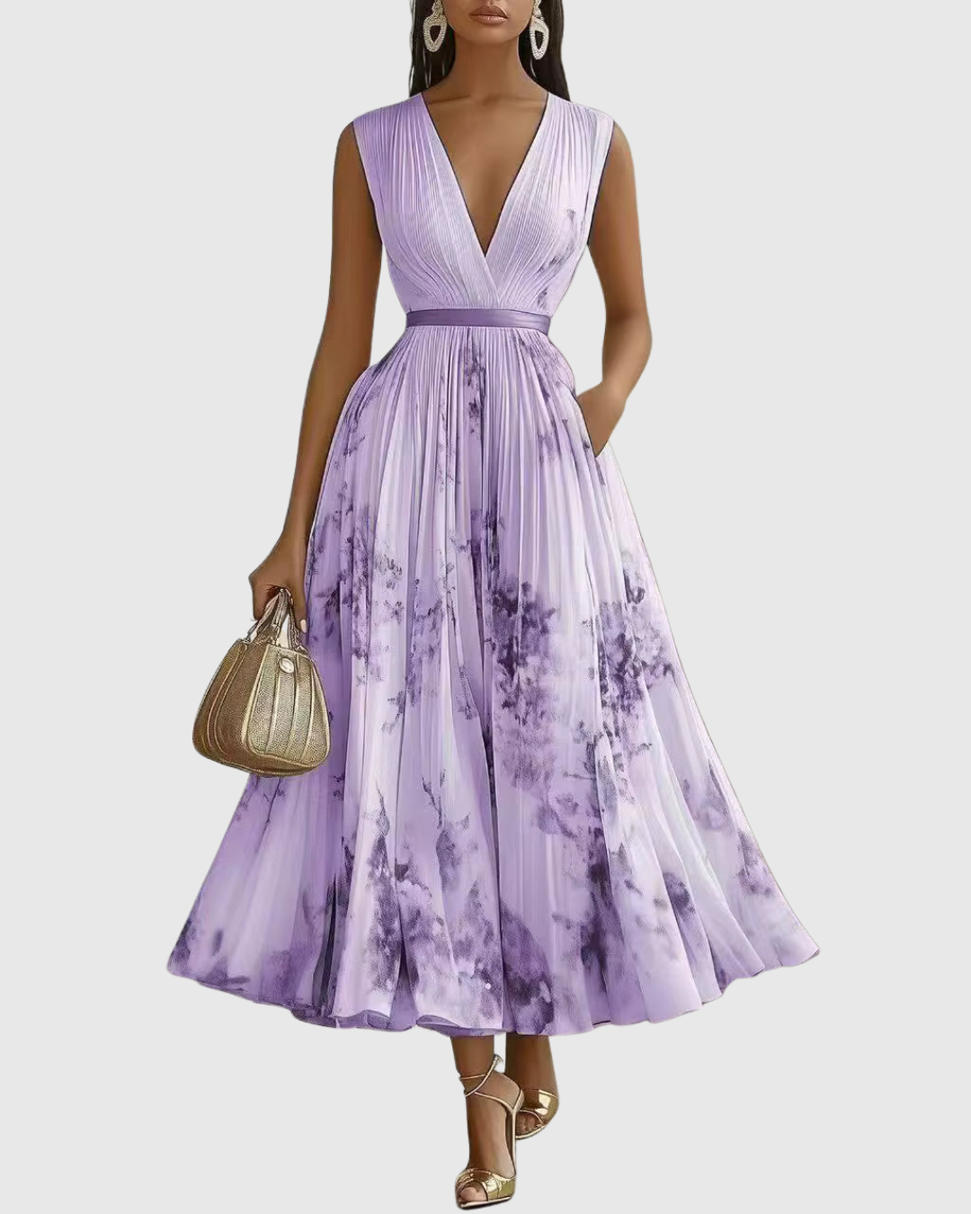Vestido maxi floral manga longa decote V plissado com laço na cintura feminino