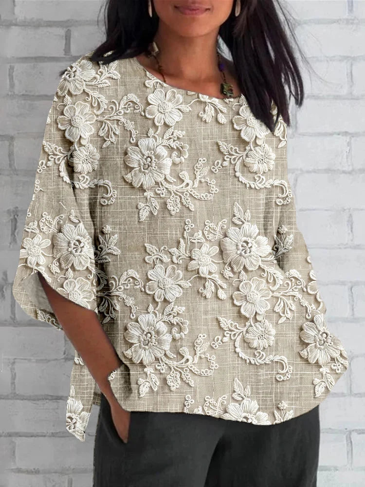 Blusa feminina floral bordado vintage caimento solto e fluido