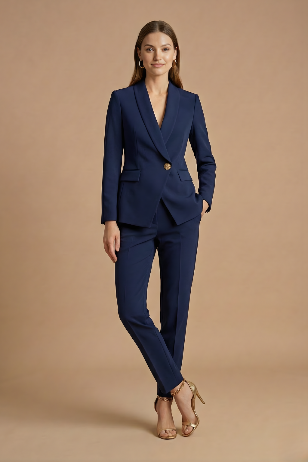 Conjunto feminino 2 peças blazer gola xale e calça reta