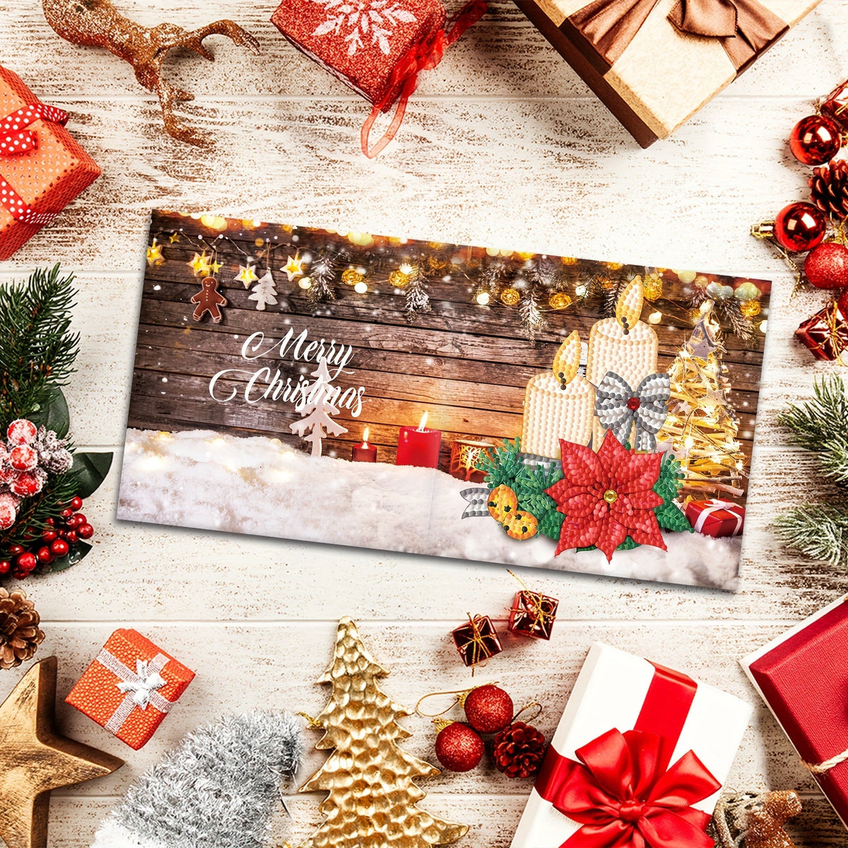 Kit 12 cartões de felicitações diamond painting Natal e Ano Novo com mosaico artesanal colorido