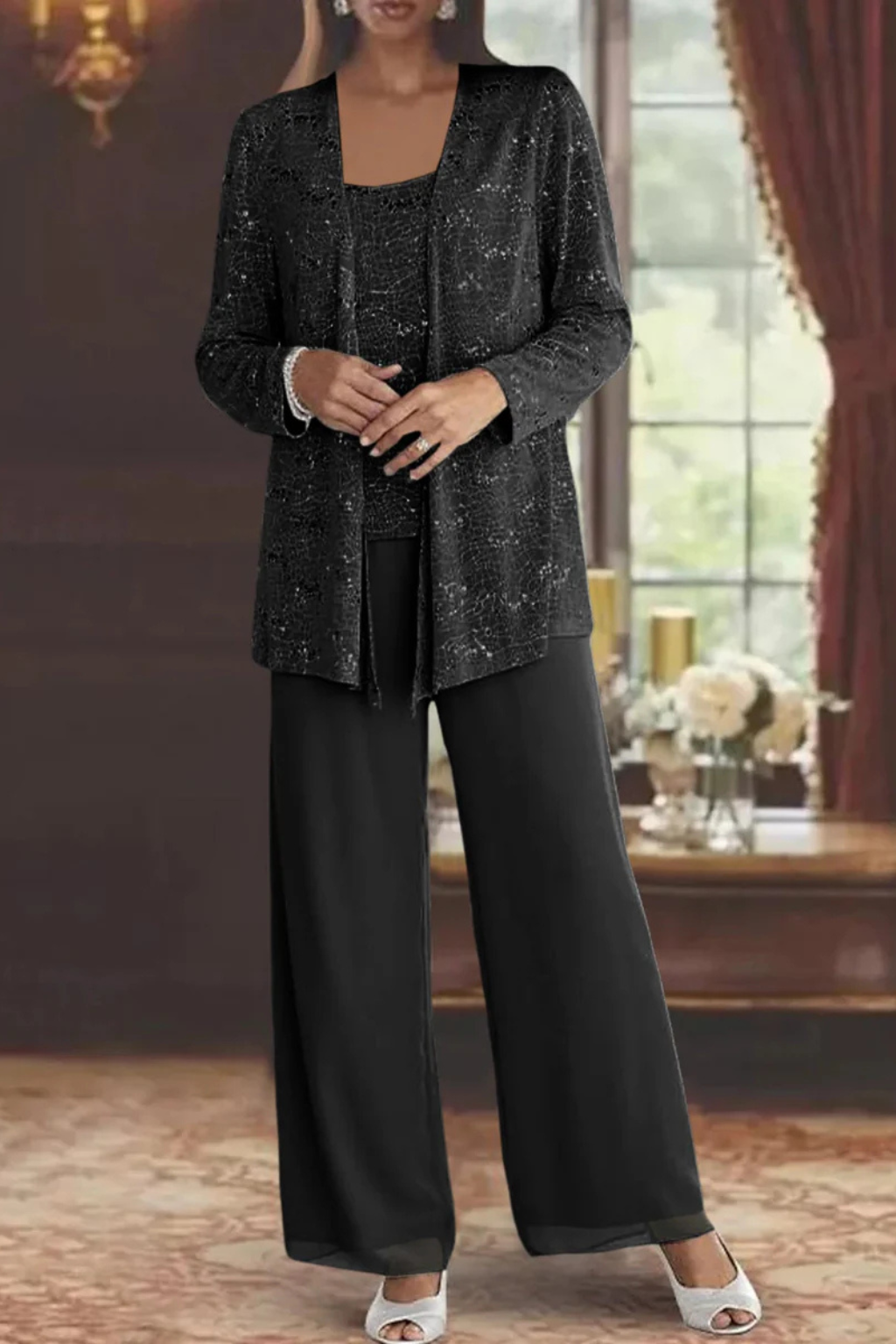 Conjunto feminino 3 peças renda lantejoulas casaco e calça perna larga