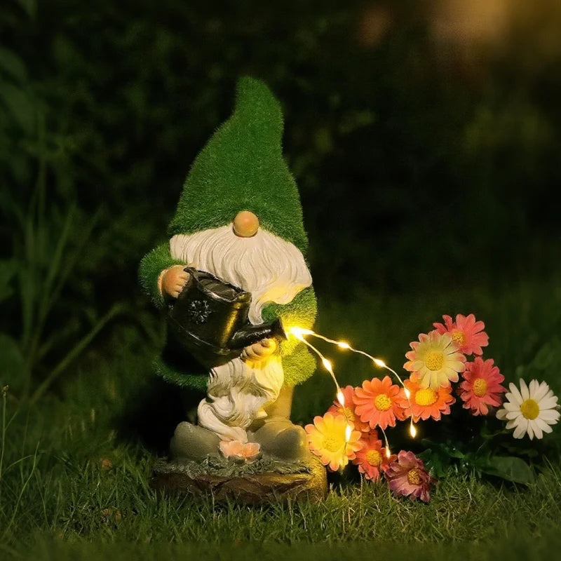 Gnomos Solares de Jardim em resina impermeável com luz LED branco quente e sensor de crepúsculo