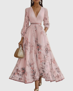 Vestido maxi floral manga longa decote V plissado com laço na cintura feminino