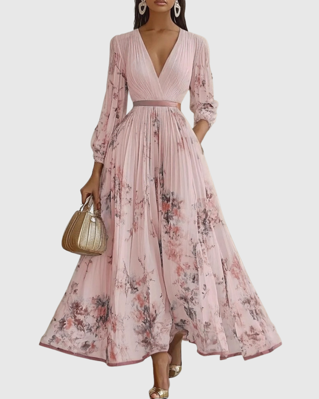 Vestido maxi floral manga longa decote V plissado com laço na cintura feminino