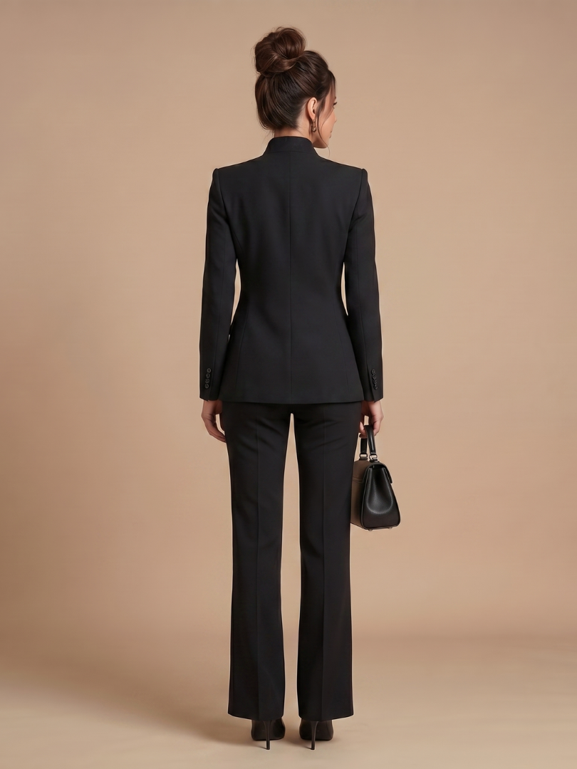 Fato feminino duas peças gola alta com calça flare alfaiataria