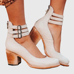 Botas femininas tornozelo salto bloco com fivelas decorativas