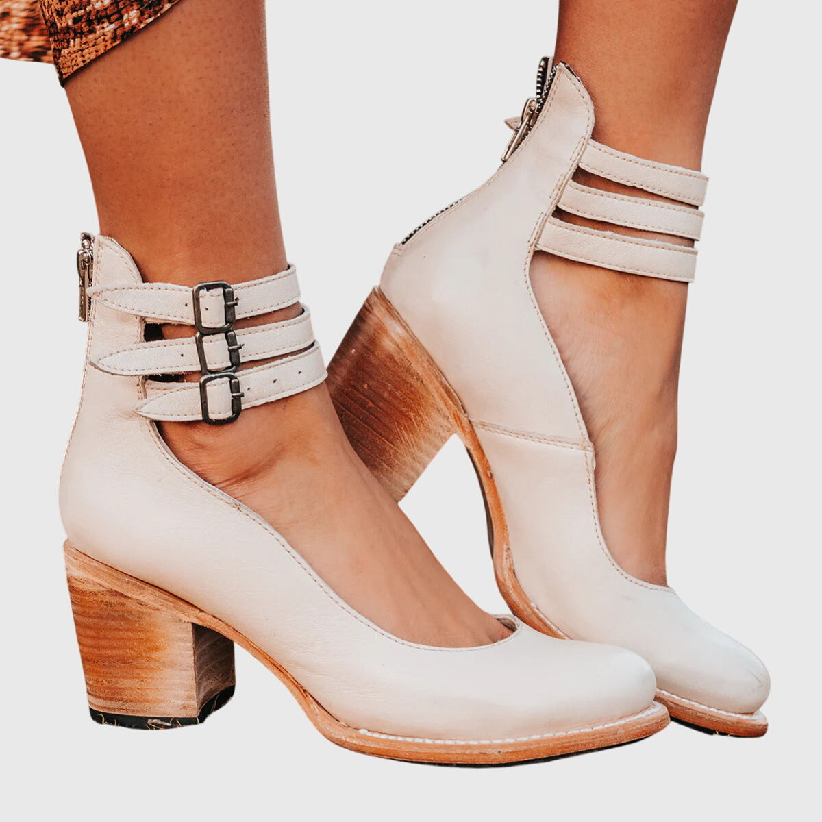 Botas femininas tornozelo salto bloco com fivelas decorativas