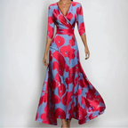 Vestido feminino wrap mangas 3/4 comprimento midi