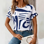 T-shirt feminina estampa abstrata manga curta gola redonda