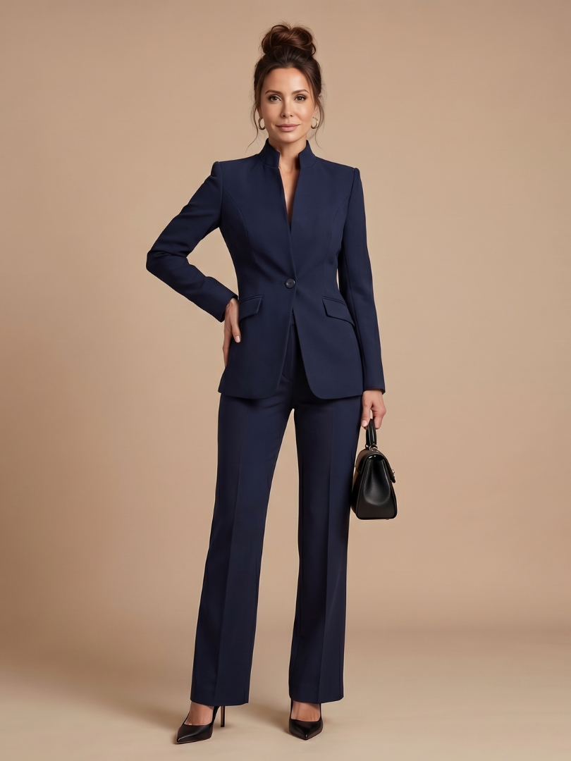 Fato feminino duas peças gola alta com calça flare alfaiataria