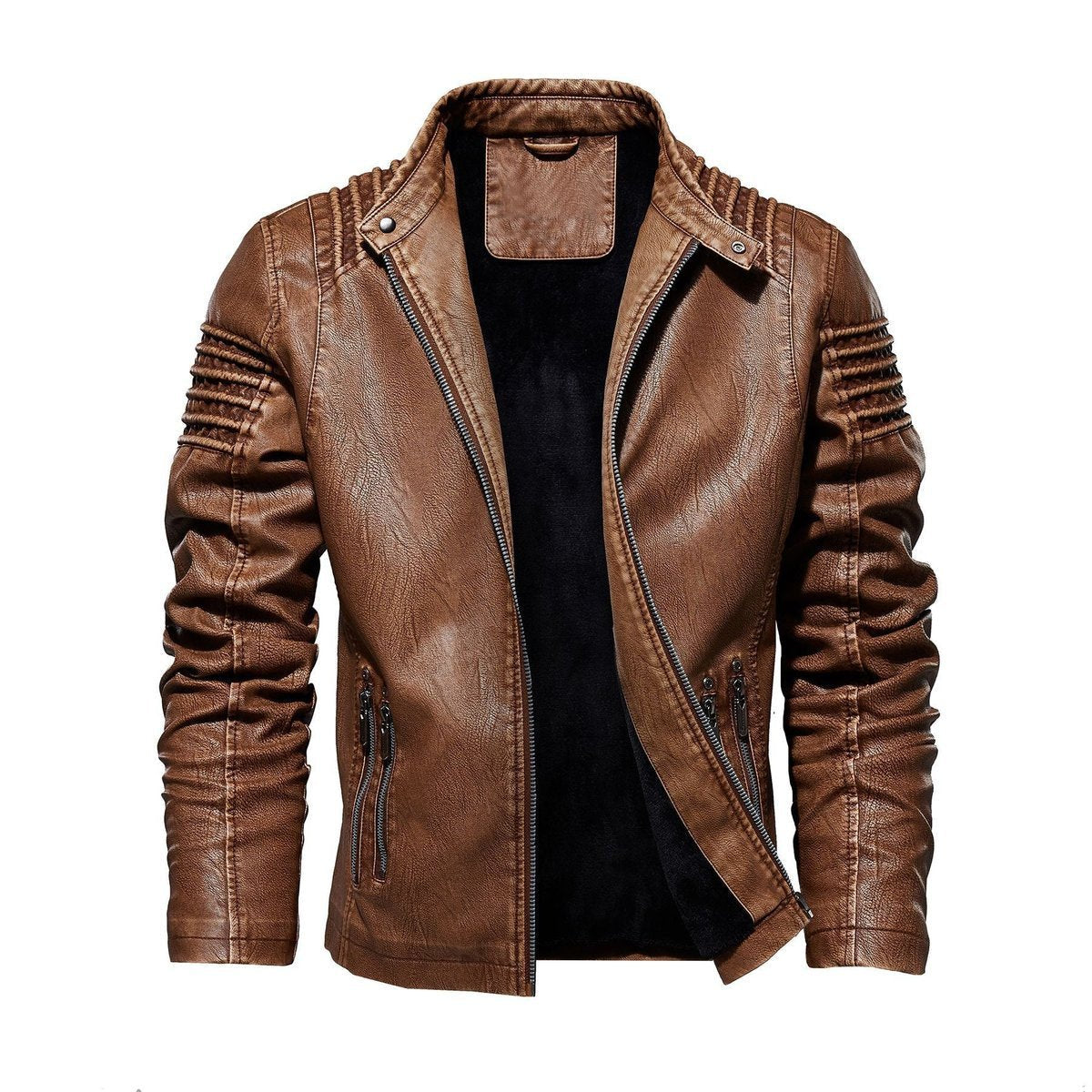 Biker jacket homem couro sintético com ombros estruturados e forro fleece