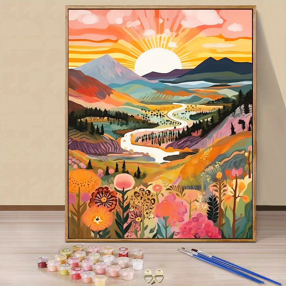 Pintura por números adultos paisagem montanha pôr do sol 40x50cm kit DIY tinta acrílica