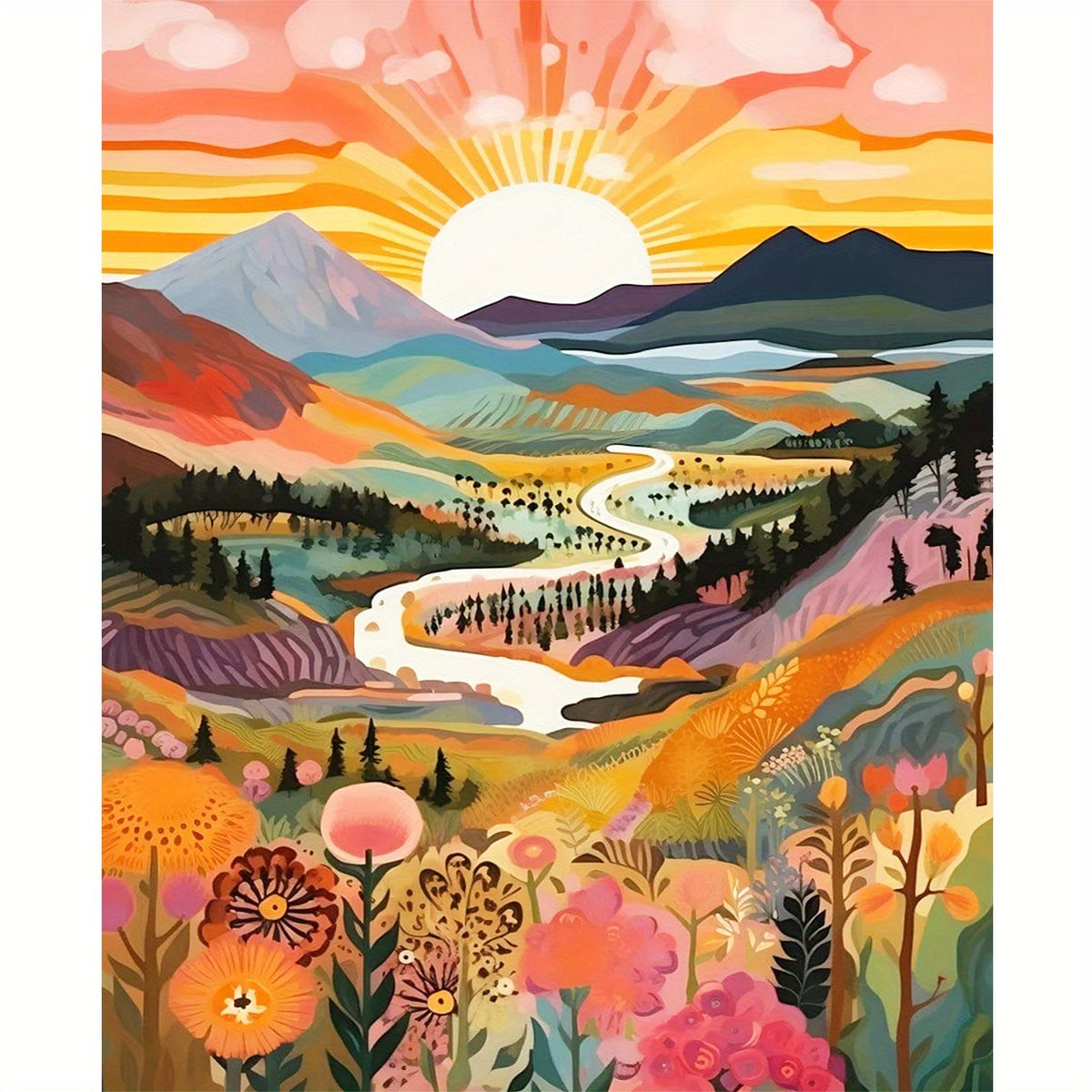 Pintura por números adultos paisagem montanha pôr do sol 40x50cm kit DIY tinta acrílica