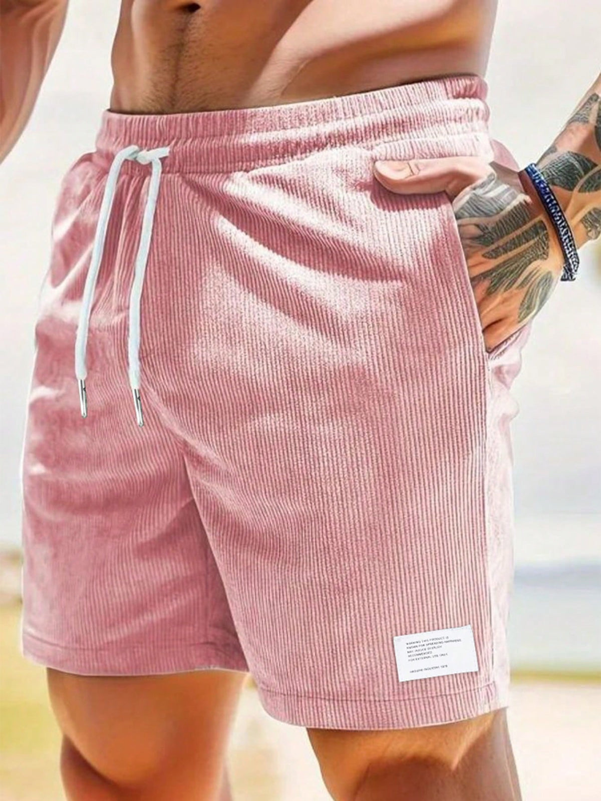 Shorts casual homem com cordão ajustável corte largo verão