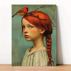Poster canvas Art Deco retrato rapariga e cardeal sem moldura, decoração parede interior