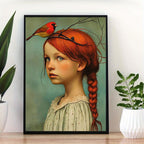 Poster canvas Art Deco retrato rapariga e cardeal sem moldura, decoração parede interior