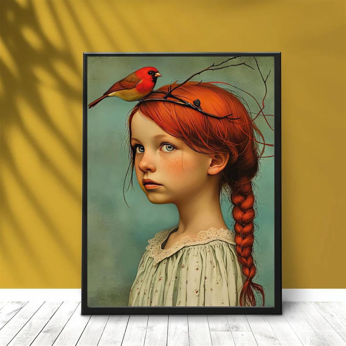 Poster canvas Art Deco retrato rapariga e cardeal sem moldura, decoração parede interior