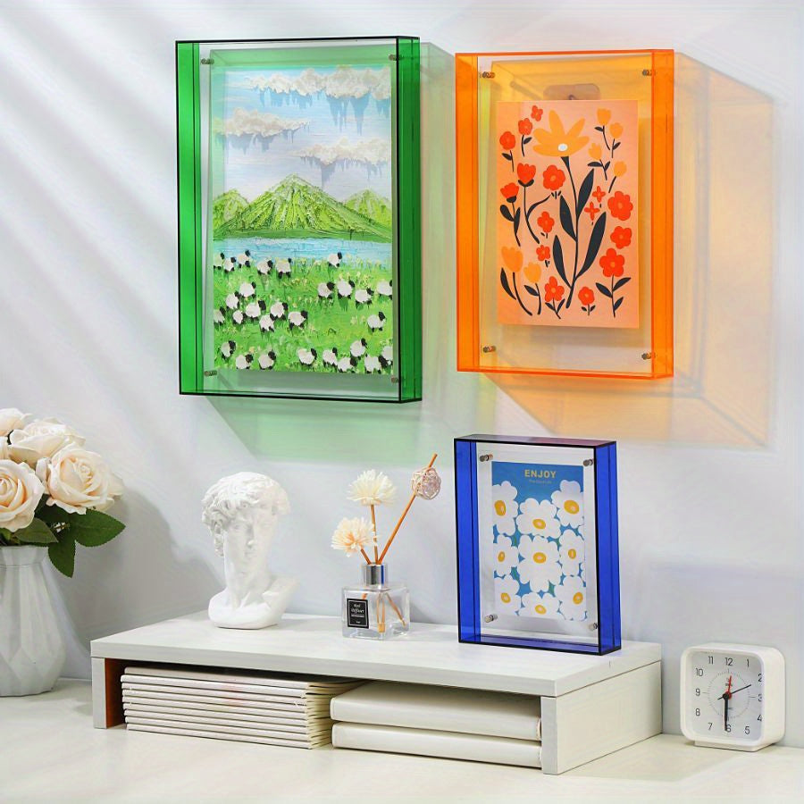 Porta-retratos acrílico vertical transparente dupla face estilo art déco para parede e mesa