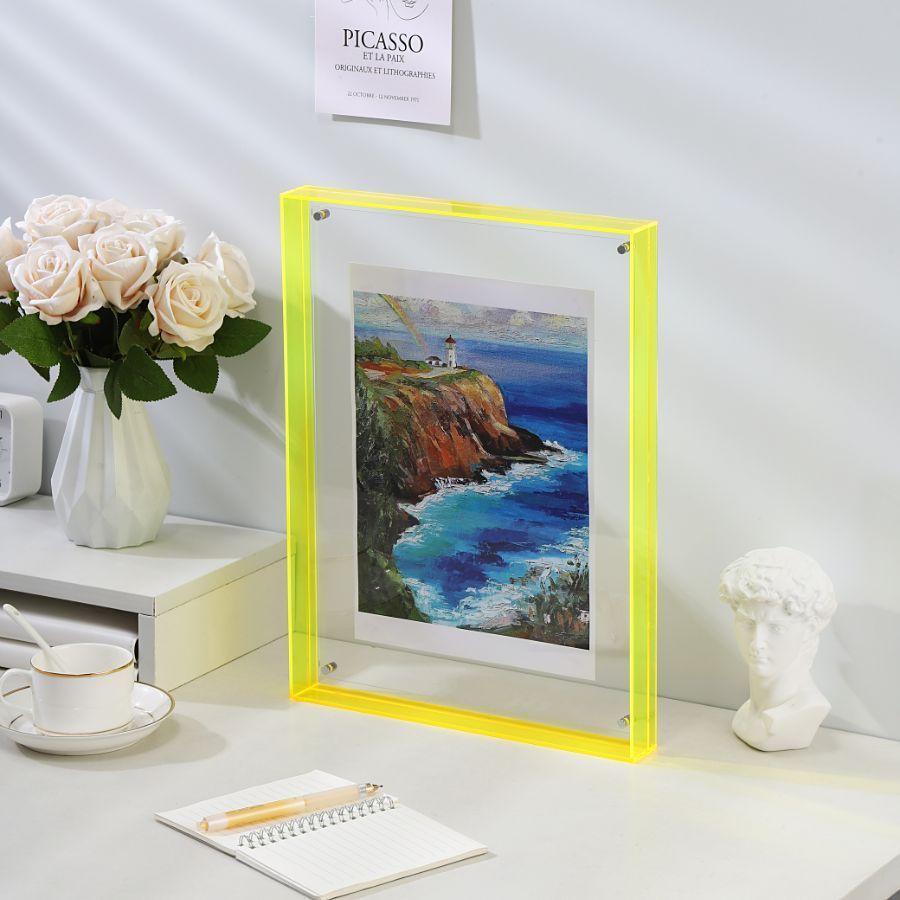 Porta-retratos acrílico vertical transparente dupla face estilo art déco para parede e mesa