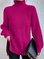 Camisola feminina gola alta canelada com fenda lateral outono inverno