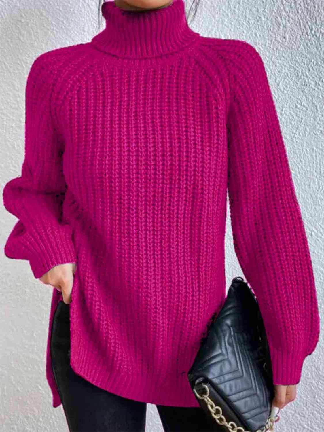 Camisola feminina gola alta canelada com fenda lateral outono inverno