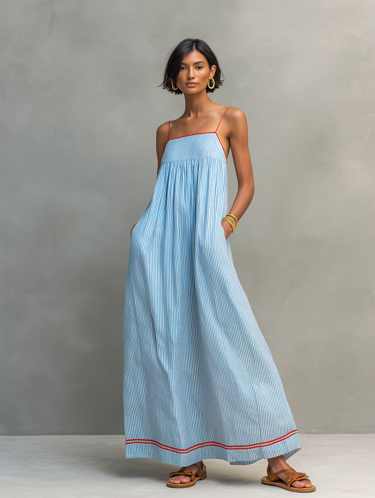 Vestido maxi feminino de riscas com alças finas e detalhe em vermelho