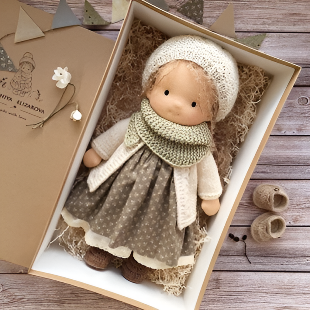 Boneca Waldorf artesanal em algodão e lã natural, suave, para bebés e crianças a partir dos 2 anos