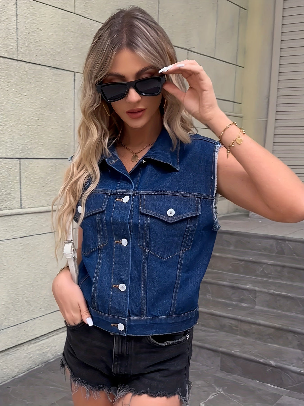 Colete jeans feminino sem mangas com bolsos de aba e fecho de botões