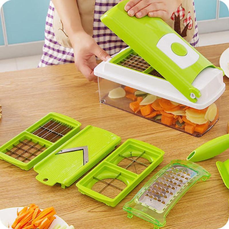 Cortador de legumes 12 em 1 multifuncional com lâminas inox e recipiente de recolha, branco e verde