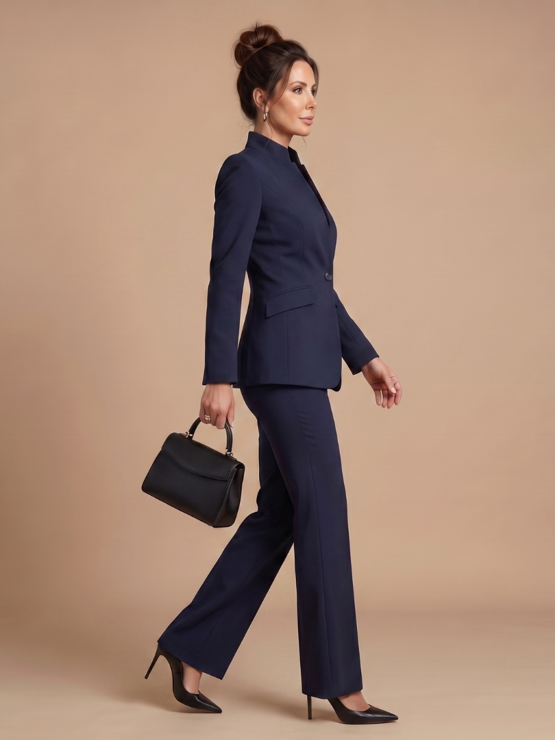 Fato feminino duas peças gola alta com calça flare alfaiataria