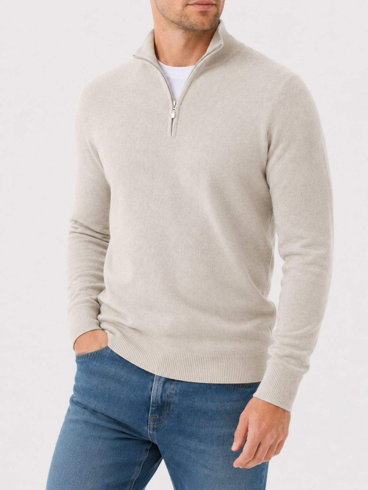 Camisola masculina merino decote em V com fecho de correr