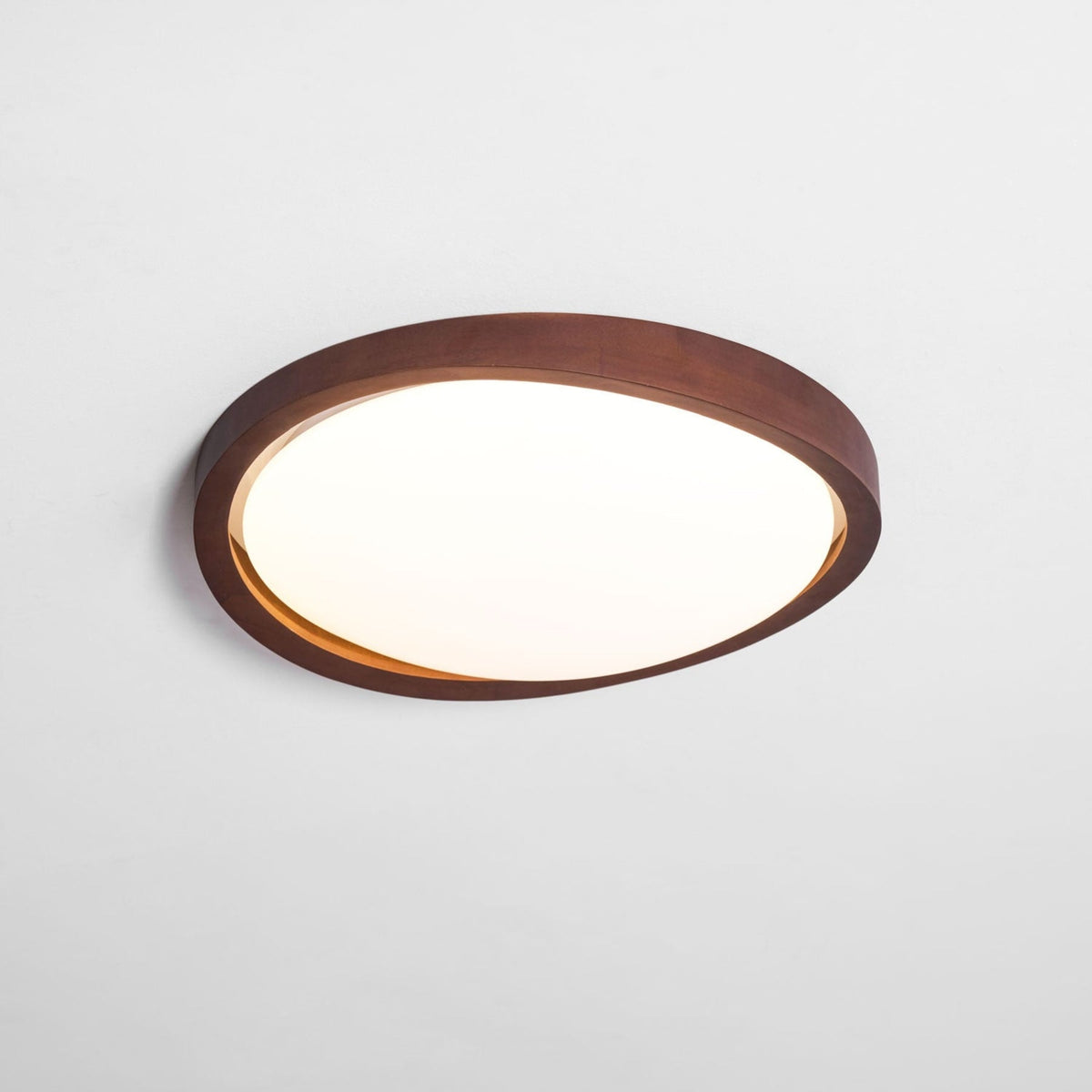 Candeeiro de teto flush efeito madeira nogueira com difusor em tecido e luz tri-cor