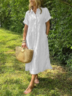 Vestido longo feminino maxi com botões frontais e mangas curtas